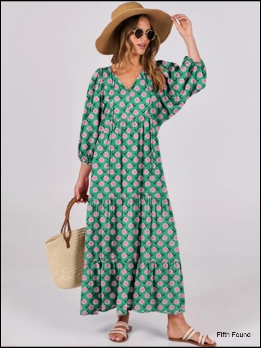 Women's Boho Maxi Dress V Neck Puff Sleeve Floral Flowy Tiered Swing Dress - Picture 2 of 7